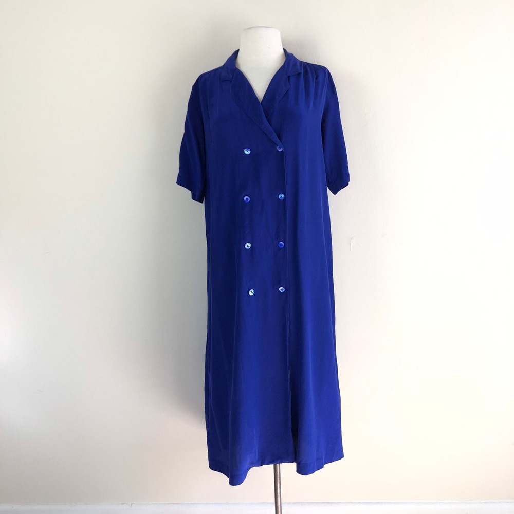 vintage 90s cobalt blue silk shirt dress midi double breasted minimalist - Picture 4 of 10